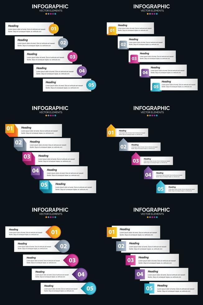 Vektor 6 Infografiken Pack Präsentationsfolie Vorlage 5 Schritte Zyklusdiagramme und Zeitleisten