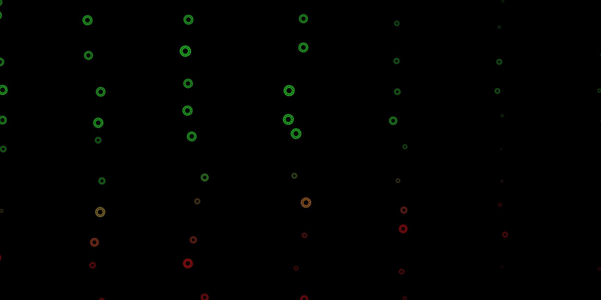 mörkgrön, röd vektorbakgrund med covid-19 symboler. vektor