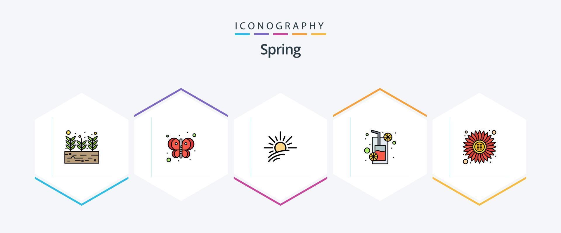 Spring 25 Filledline Icon Pack inklusive Sonne. Orangensaft. Helligkeit. Saft. Getränk vektor