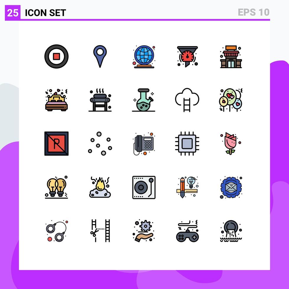 Gruppe von 25 modernen, gefüllten Linien-Flachfarben, die für Shop-Performance-Globus-Tachometer-Filter editierbare Vektordesign-Elemente festgelegt werden vektor