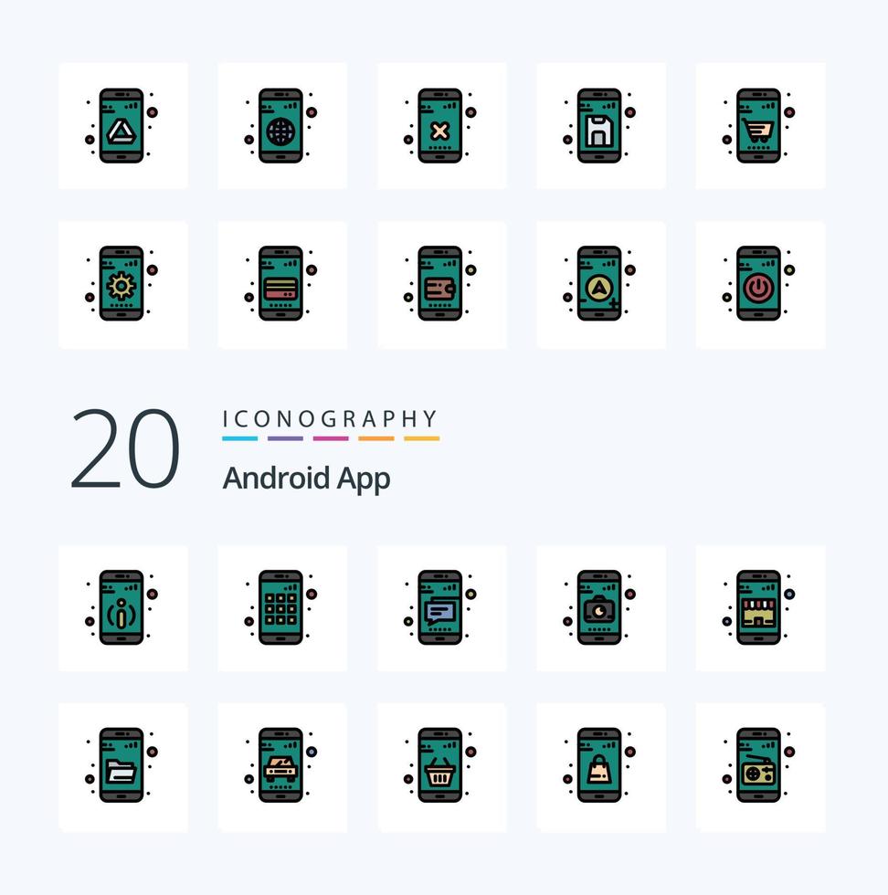 20 Android-App-Linie gefülltes Farbsymbolpaket wie Drive Search Online-Shop Phone Commerce Mobile vektor
