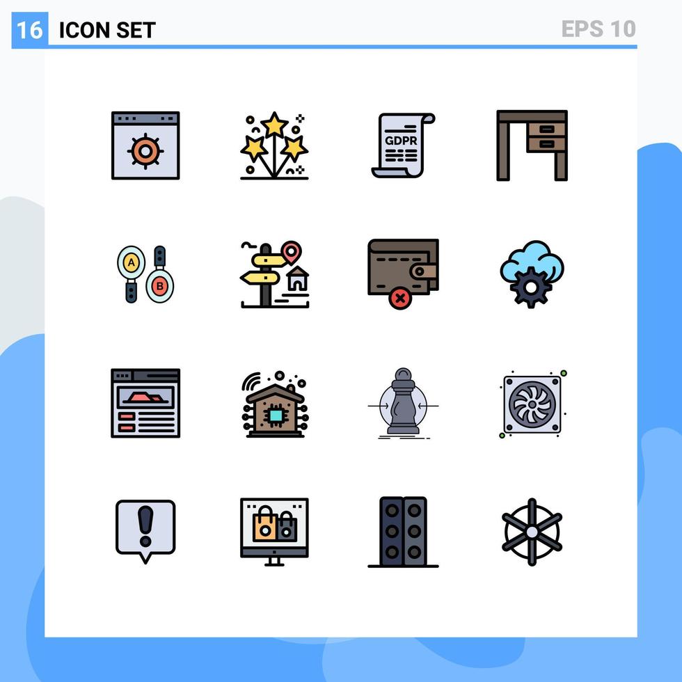 Gruppe von 16 flachen, farbgefüllten Linien, Zeichen und Symbolen für die Forschung, Innenraum, Zustimmung, Möbel, Dekor, editierbare, kreative Vektordesign-Elemente vektor