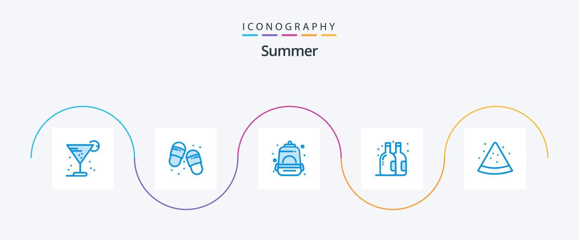 sommar blå 5 ikon packa Inklusive skiva. sommar. tofflor. flaska. skola vektor