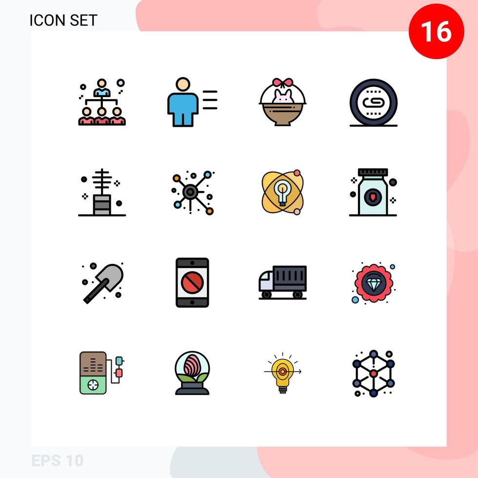 16 universell platt Färg fylld rader uppsättning för webb och mobil tillämpningar Sök media mänsklig länkning natur redigerbar kreativ vektor design element