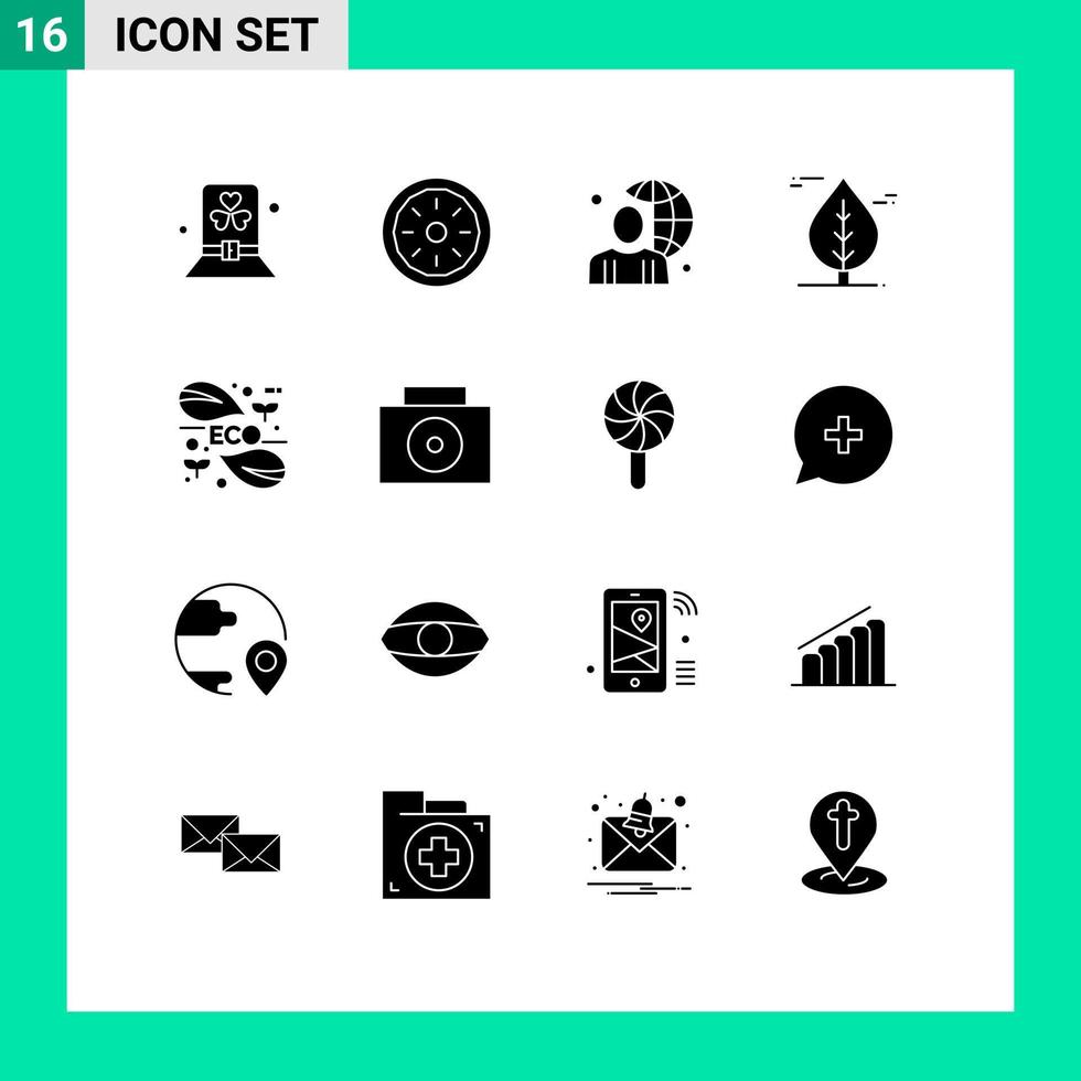 16 thematische Vektor-Solid-Glyphen und editierbare Symbole von Pflanzenblatt-Kürbiskuchen-Weltkugel editierbare Vektordesign-Elemente vektor