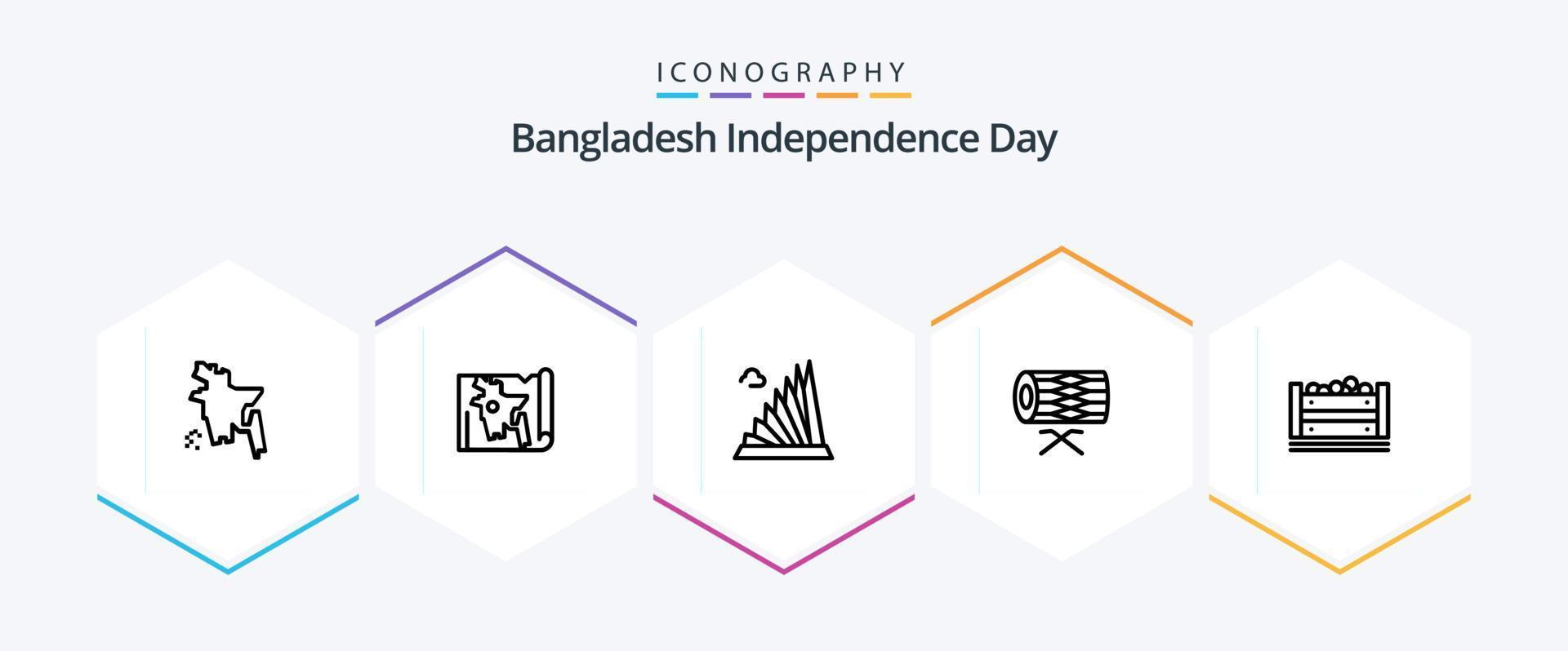 Bangladesch-Unabhängigkeitstag 25-Zeilen-Icon-Pack einschließlich Bangladesch. Parade. Konstruktion. irisch. Trommel vektor