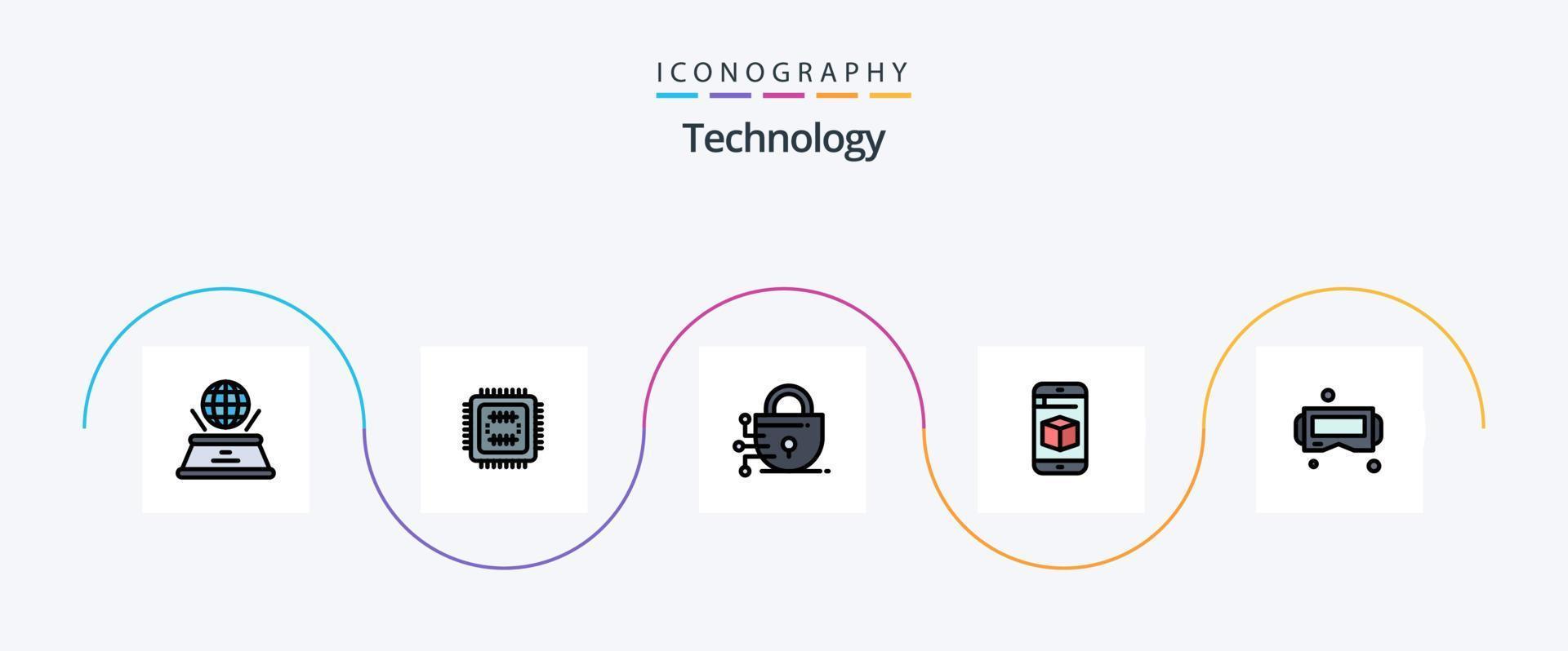 teknologi linje fylld platt 5 ikon packa Inklusive Google glas. enhet. digital. teknologi. cell vektor