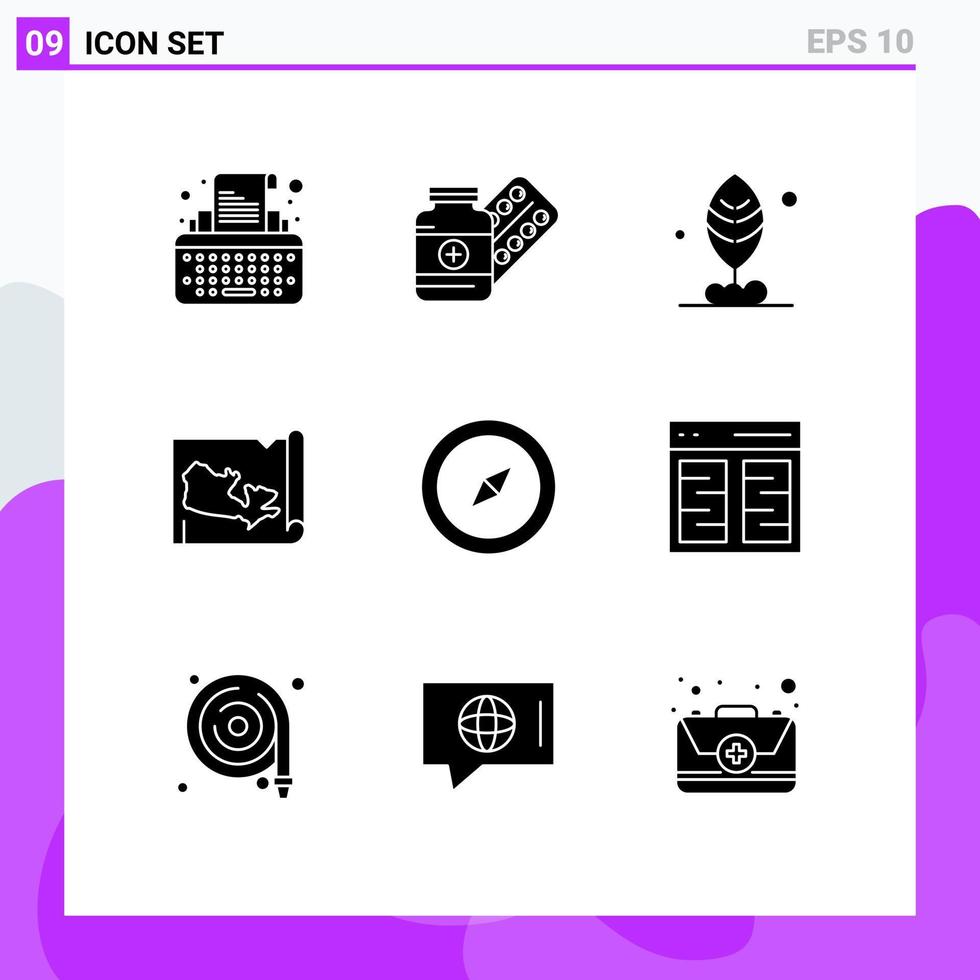 Mobile Schnittstelle solider Glyph-Satz von 9 Piktogrammen von Navigationskompass-Tablet-Kanada-Karte editierbare Vektordesign-Elemente vektor