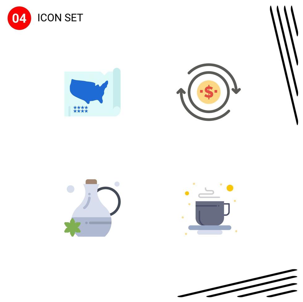 Packung mit 4 modernen flachen Symbolen, Zeichen und Symbolen für Web-Printmedien wie bearbeitbare Vektordesign-Elemente von map jug usa transaction cup vektor