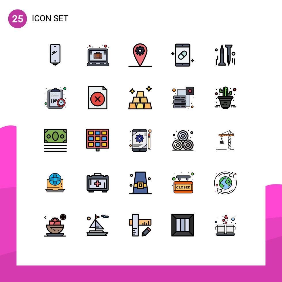 Gruppe von 25 gefüllten flachen Farbzeichen und Symbolen für Nagelmedizin Bürokoffer medizinische mobile editierbare Vektordesign-Elemente vektor