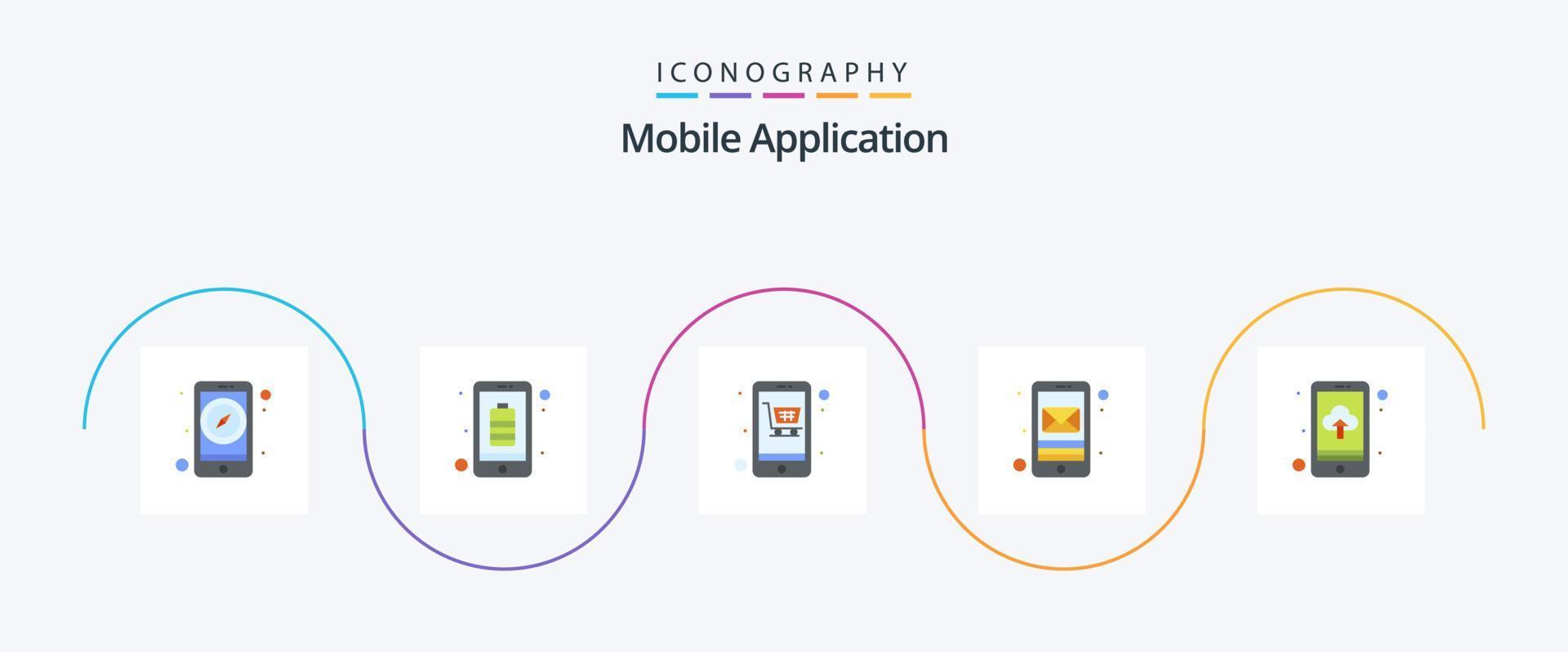 mobil Ansökan platt 5 ikon packa Inklusive app ladda upp. e-post. vagn. mobil. app vektor