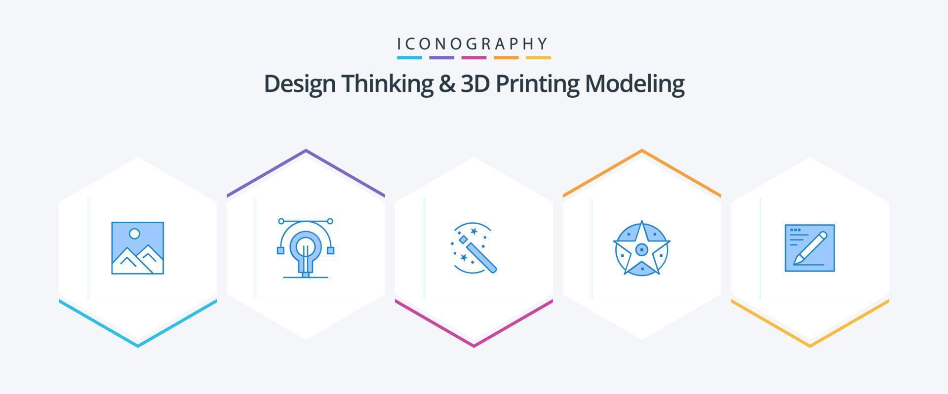 Design Thinking und D Printing Modeling 25 Blue Icon Pack inkl. Pencil . Stern. Tricks. Projekt. Pentagramm vektor