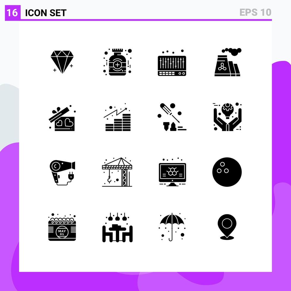 grupp av 16 fast glyfer tecken och symboler för hjärta gåva mixer rök förorening redigerbar vektor design element