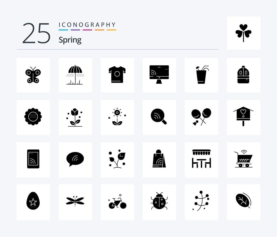 Spring 25 solides Glyphen-Icon-Pack inklusive Getränk. W-lan. T-Shirt. Bildschirm. Bildschirm vektor