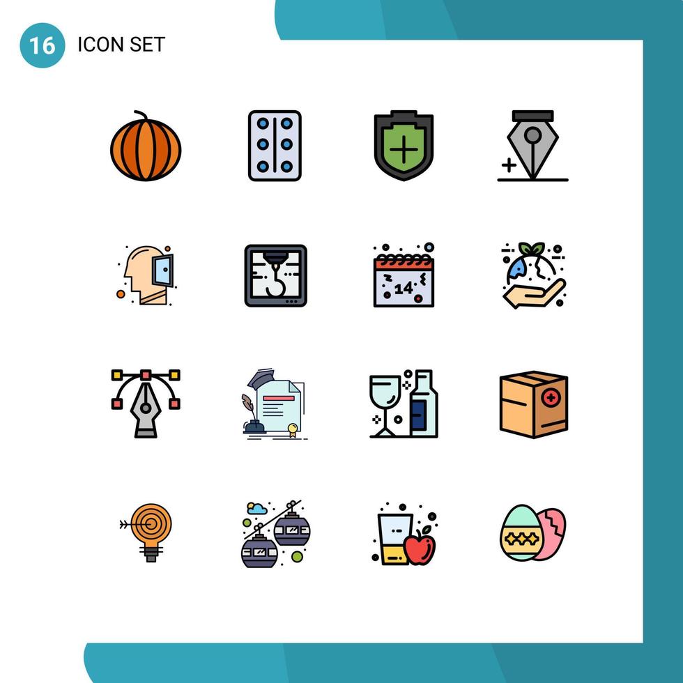 Packung mit 16 modernen, flachen, farbgefüllten Linien Zeichen und Symbolen für Web-Printmedien wie Denkgeist plus Kopfanker editierbare kreative Vektordesign-Elemente vektor