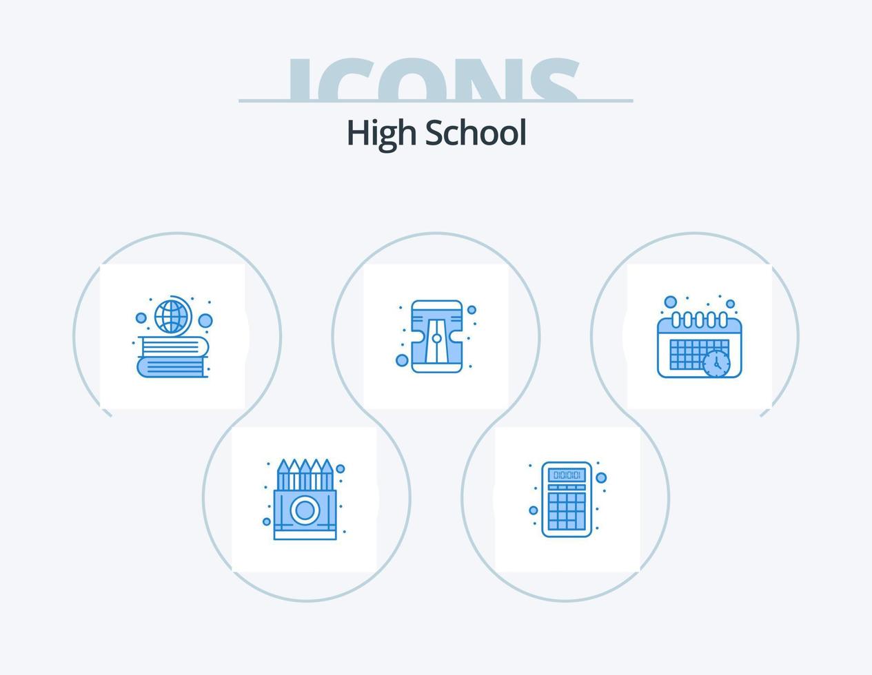 hög skola blå ikon packa 5 ikon design. schema. verktyg. utbildning. pennvässare. klot vektor