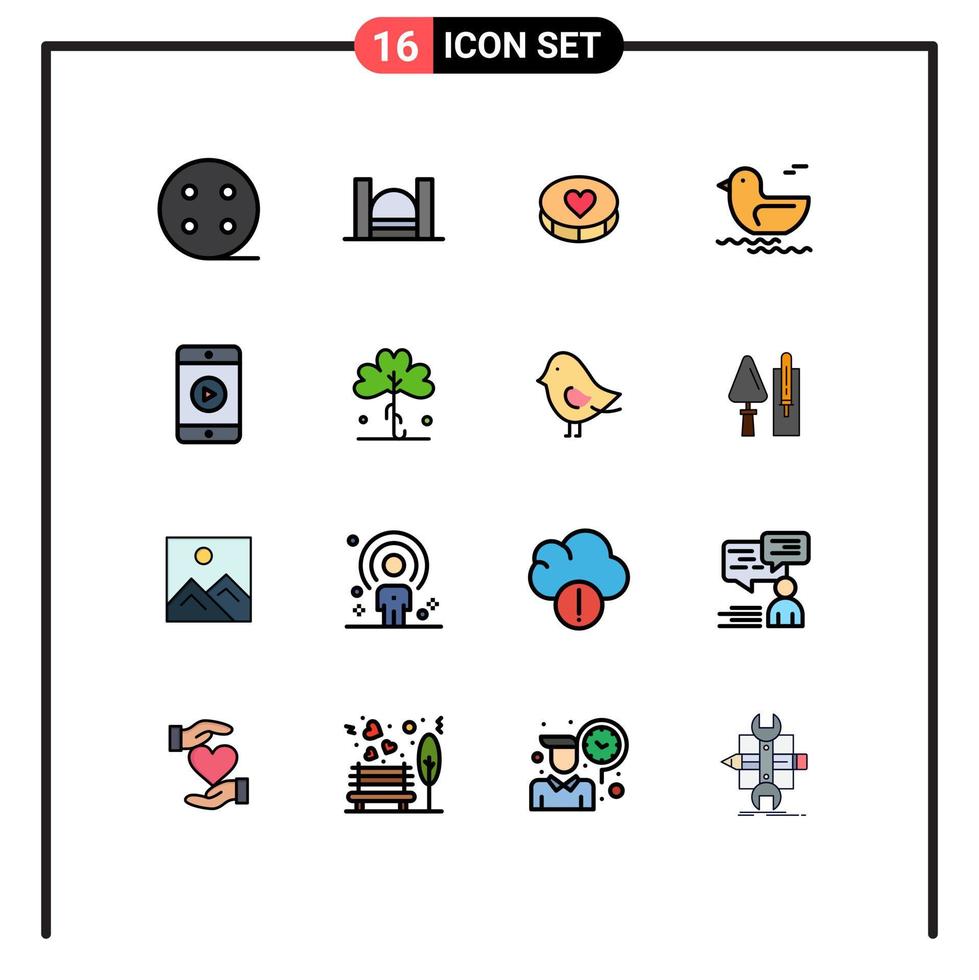 16 tematiska vektor platt Färg fylld rader och redigerbar symboler av video mobil favorit kanada Anka redigerbar kreativ vektor design element