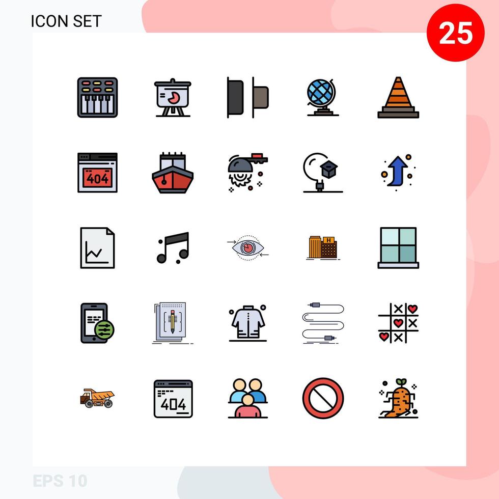 25 thematische vektorgefüllte flache Linienfarben und bearbeitbare Symbole von bearbeitbaren Vektordesign-Elementen für Signalkegeldiagramm-Globus-Erde vektor