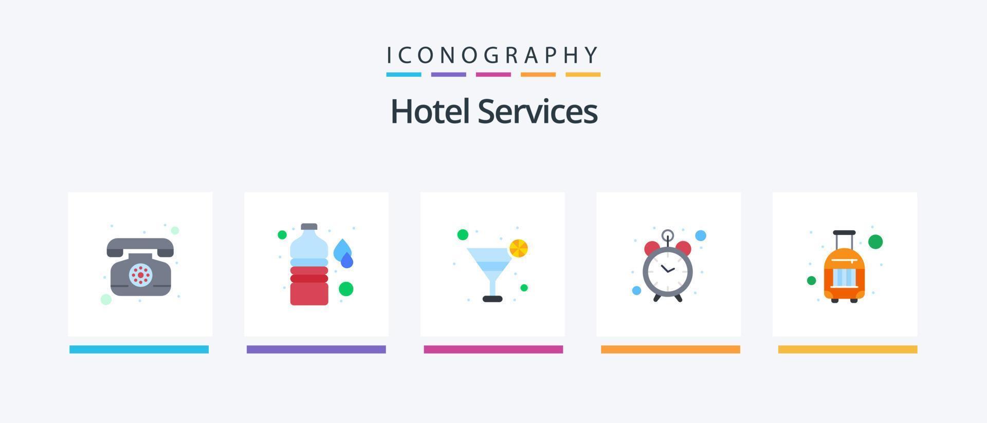 hotell tjänster platt 5 ikon packa Inklusive . resa. juice. kostym fall. väska. kreativ ikoner design vektor