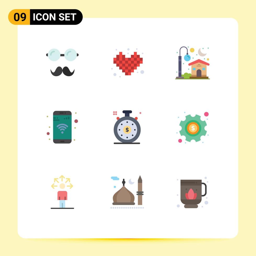 uppsättning av 9 vektor platt färger på rutnät för investering tid wiFi Hem telefon app redigerbar vektor design element