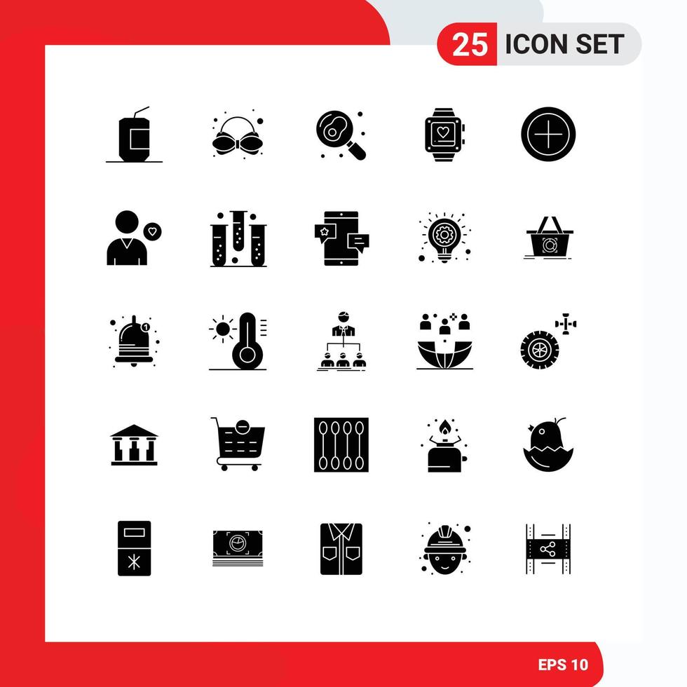 Packung mit 25 modernen soliden Glyphenzeichen und Symbolen für Web-Printmedien wie Geld, Hochzeit, Kochen, Herz, Handuhr, editierbare Vektordesign-Elemente vektor