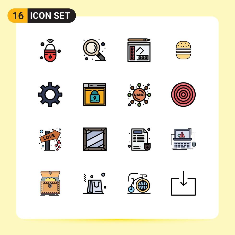 16 universelle, flache, farbgefüllte Linien für Web- und mobile Anwendungen, Fahrzeuge, Lebensmittelbuch, schnelle Burger, editierbare, kreative Vektordesign-Elemente vektor