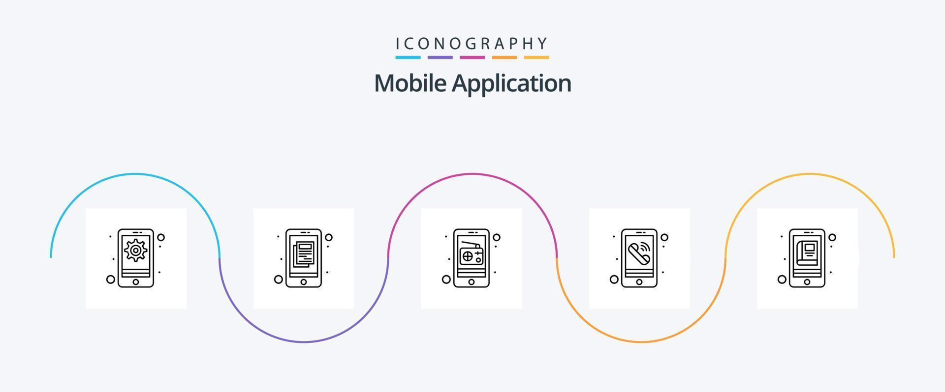 Symbolpaket für die mobile Anwendung Linie 5, einschließlich Buch. Telefon. Kommunikation. Handy, Mobiltelefon. App vektor