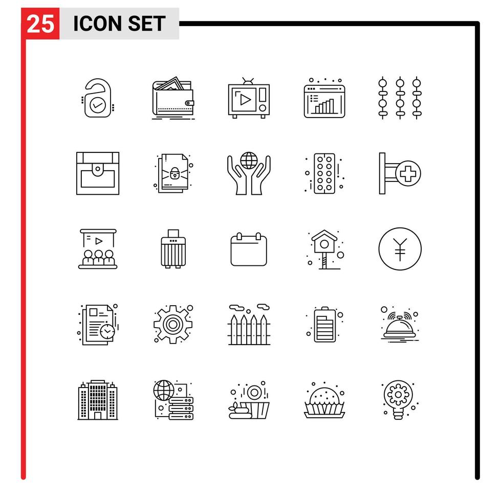 Stock Vector Icon Pack mit 25 Zeilenzeichen und Symbolen für die Datenauswertung Business Research Geldbörse Geschäftsbericht TV-Set editierbare Vektordesign-Elemente
