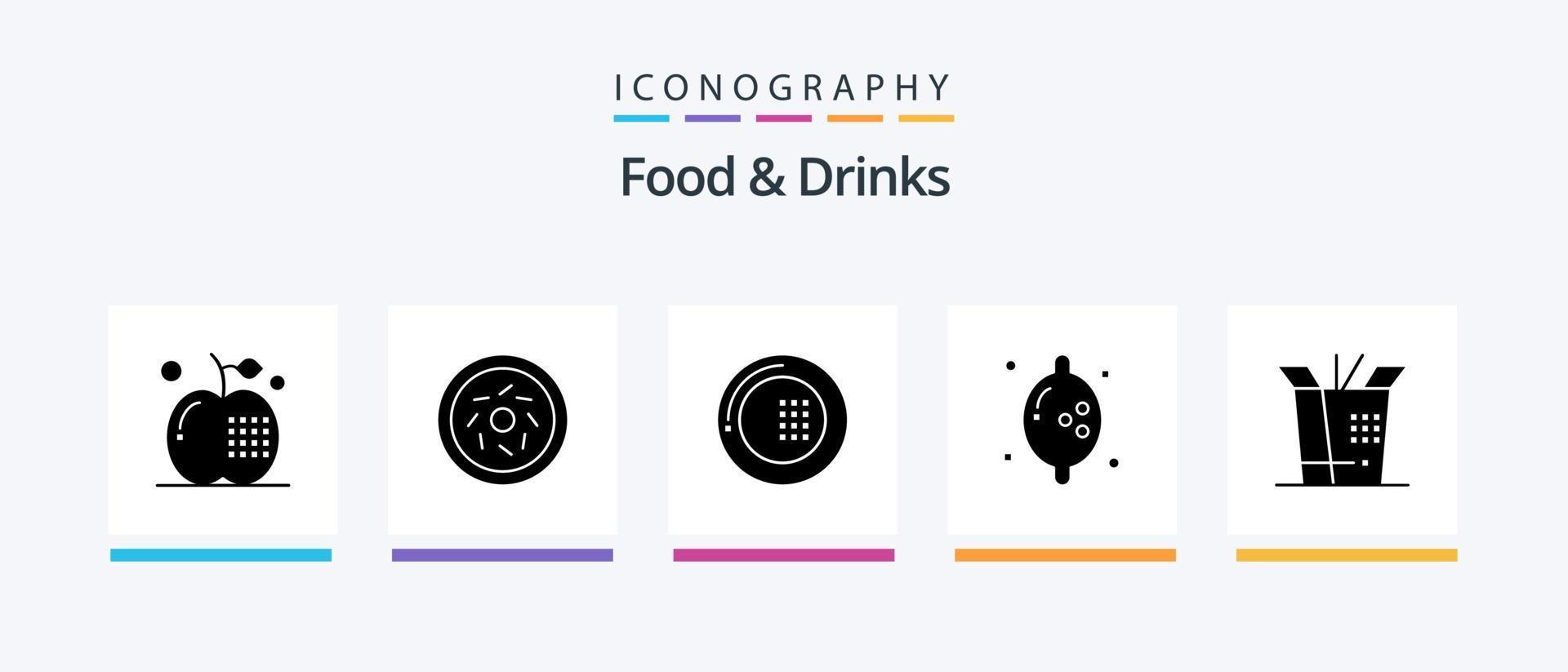 mat och drycker glyf 5 ikon packa Inklusive wok. citron. matlagning. frukt. tallrik. kreativ ikoner design vektor