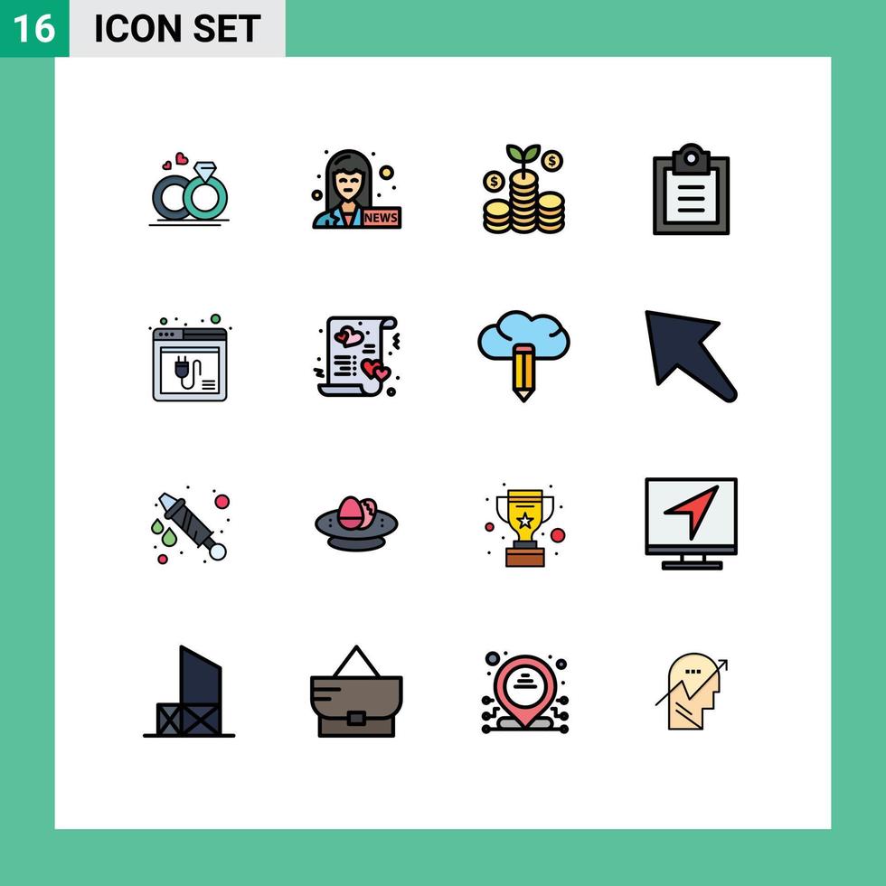 Gruppe von 16 flachen, farbgefüllten Linien Zeichen und Symbole für Website-Plugin-Investitionen Internet-Todo-editierbare kreative Vektordesign-Elemente vektor