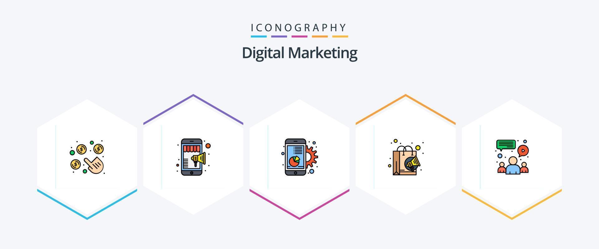 digitales Marketing 25 gefülltes Symbolpaket inklusive Chat. Marketing. Diagramm. Digital. Handy, Mobiltelefon vektor