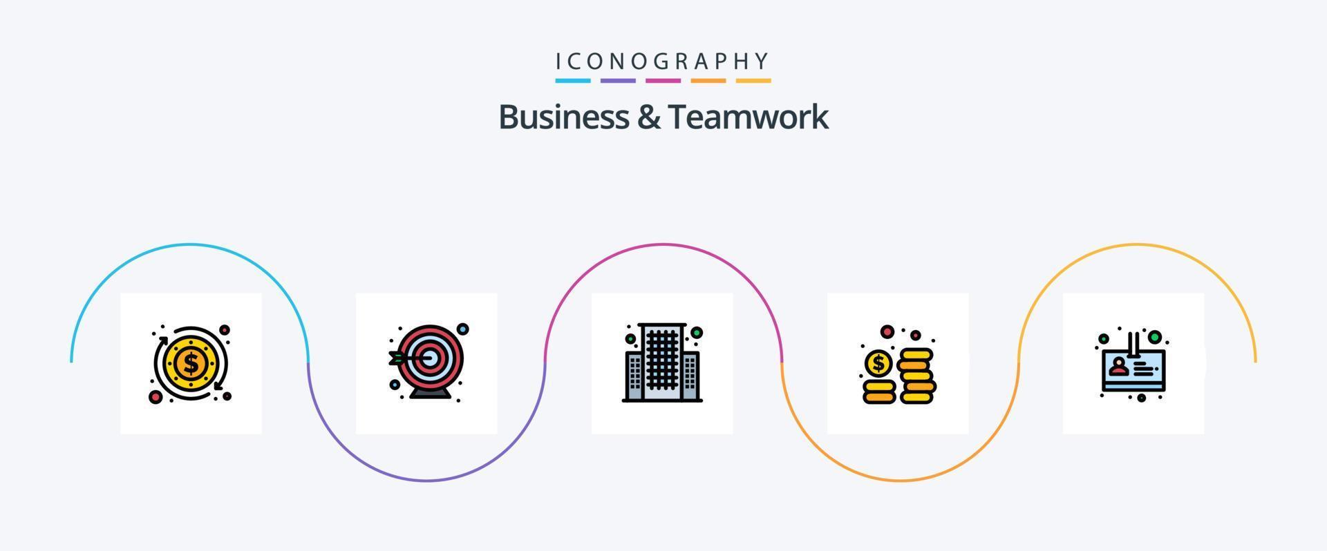 företag och lagarbete linje fylld platt 5 ikon packa Inklusive . Centrum. person. anställd vektor