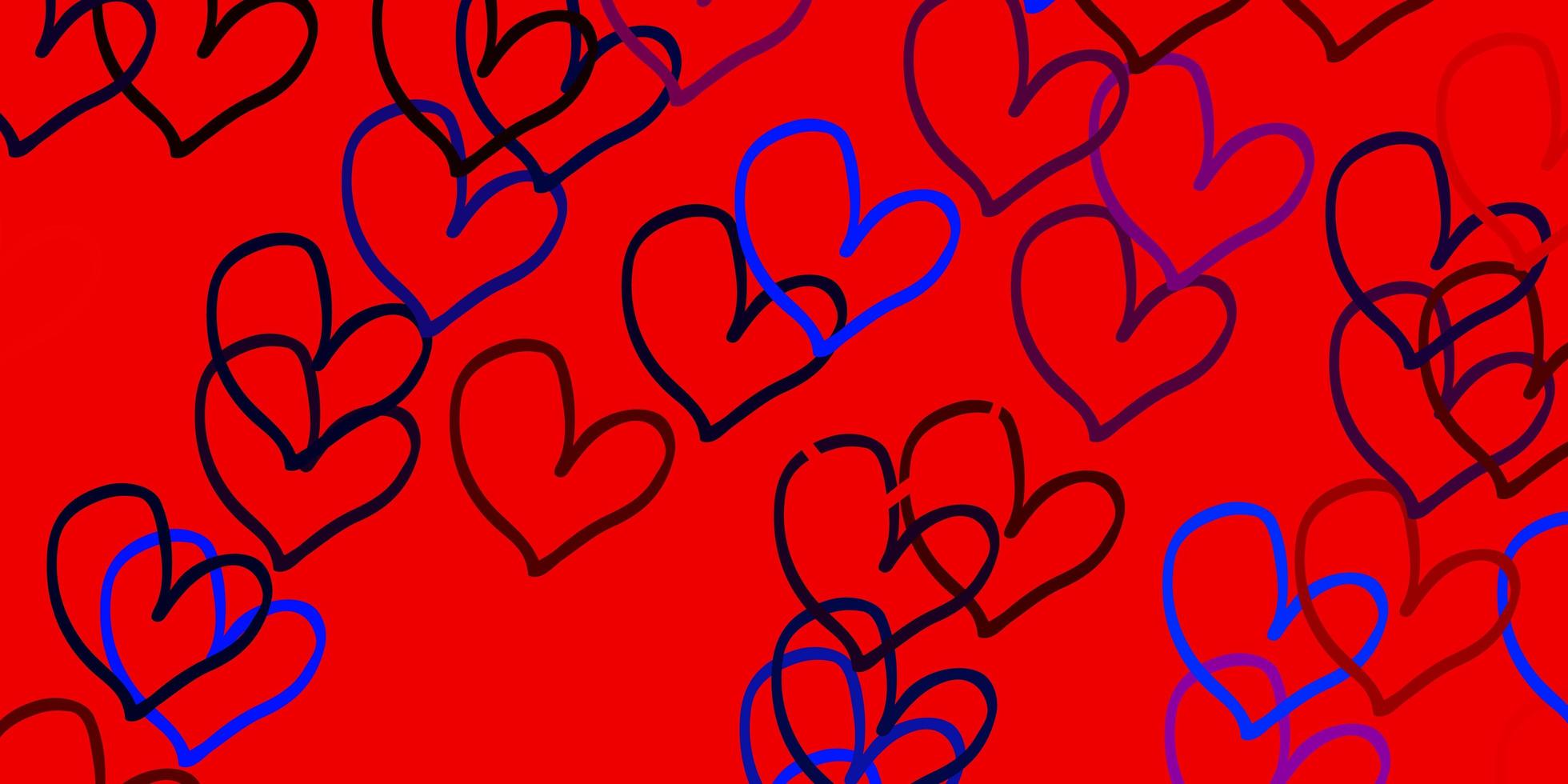 hellblaues, rotes Vektormuster mit bunten Herzen. vektor