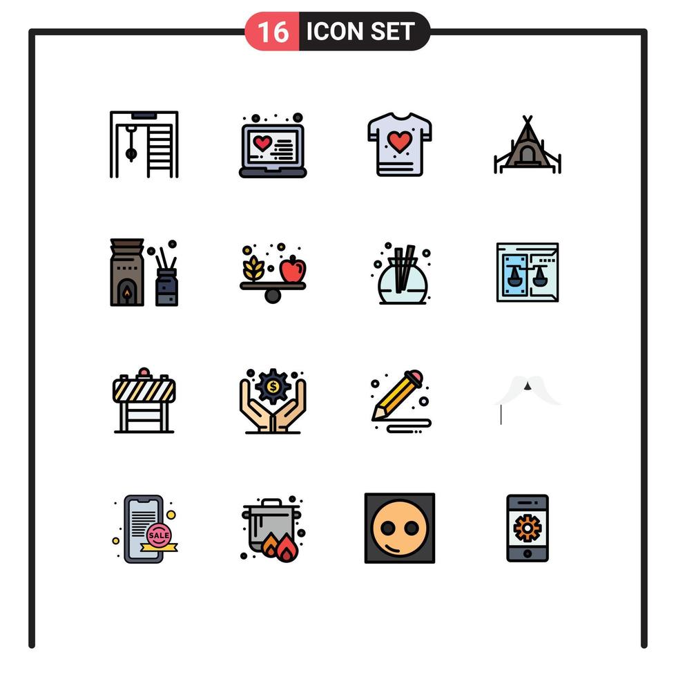 moderner Satz von 16 flachen, farbgefüllten Linien und Symbolen wie Apple Relax Shrit Burner Zelt editierbare kreative Vektordesign-Elemente vektor