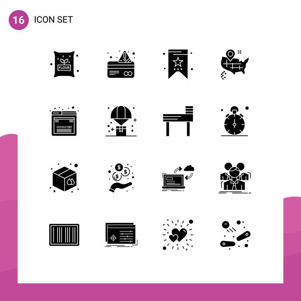 16 thematische Vektor-Solid-Glyphen und editierbare Symbole der Webentwicklungs-Lesezeichen-Designkarte editierbare Vektordesign-Elemente vektor