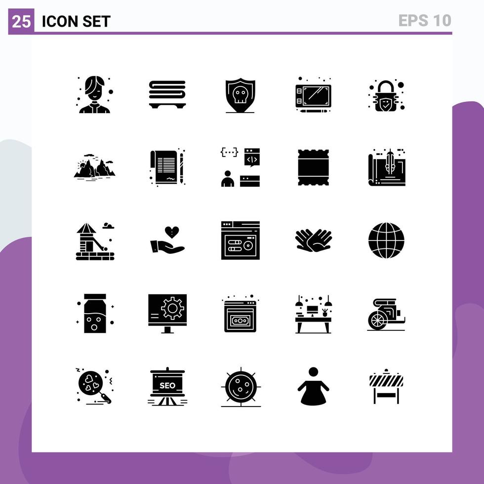 Gruppe von 25 modernen soliden Glyphen, die für bearbeitbare Vektordesign-Elemente der Verschlüsselungsskizze für Bergschlösser festgelegt wurden vektor