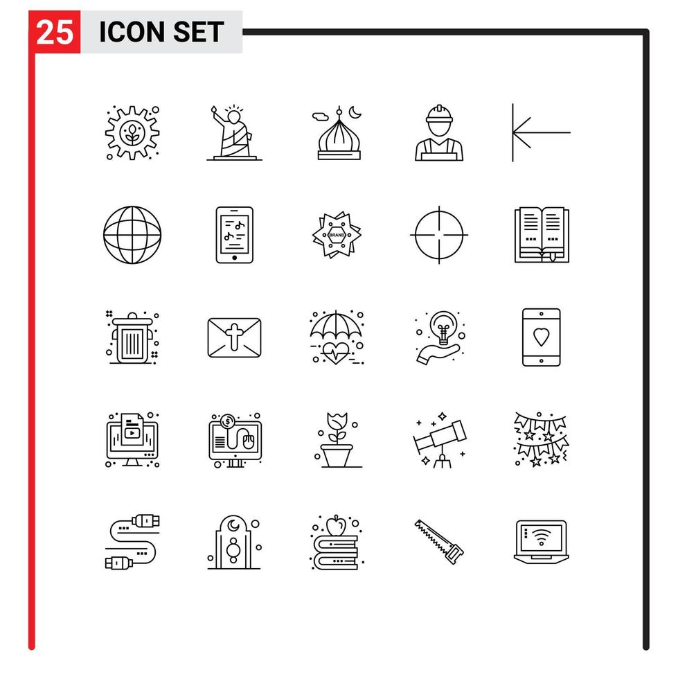 Stock Vector Icon Pack mit 25 Zeilenzeichen und Symbolen für Worker Builder usa Labour Man Moon editierbare Vektordesign-Elemente