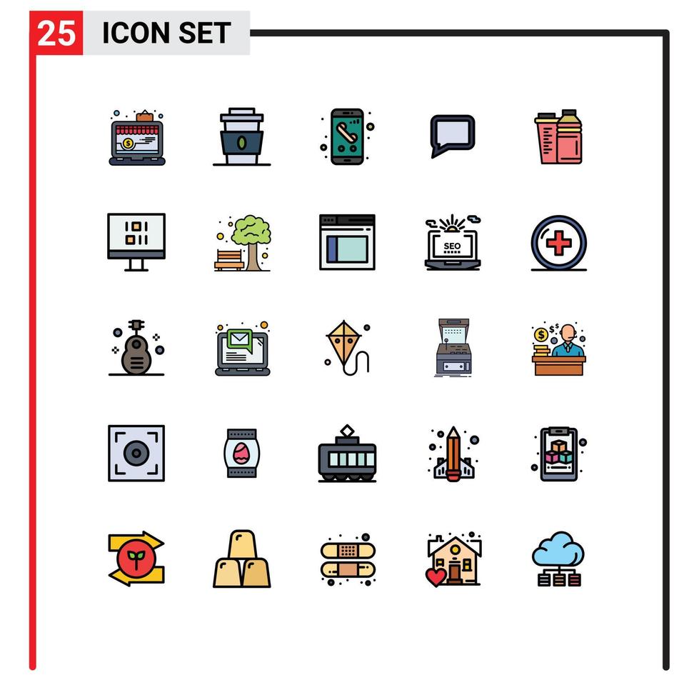 uppsättning av 25 vektor fylld linje platt färger på rutnät för flaska kommentar mat chatt telefon redigerbar vektor design element