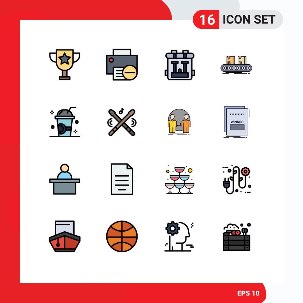 Stock Vector Icon Pack mit 16 Zeilenzeichen und Symbolen für Getränkefabrik-Rucksack-Förderband editierbare kreative Vektordesign-Elemente