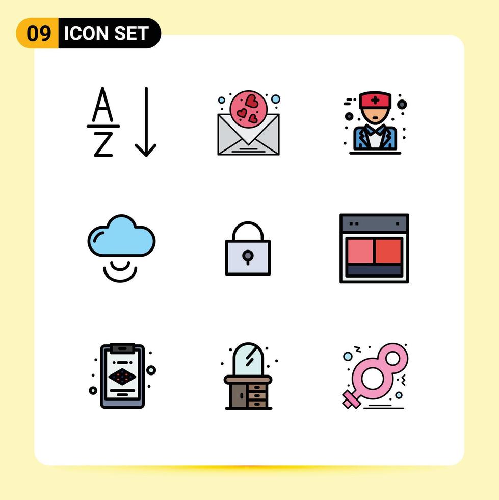 9 universell fylld linje platt Färg tecken symboler av layout låst manlig låsa wiFi redigerbar vektor design element