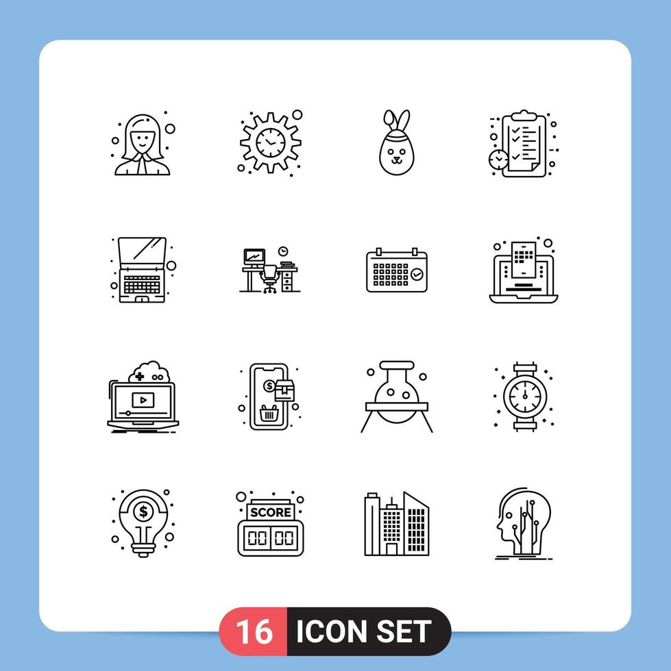 moderner Satz von 16 Umrissen Piktogramm der Laptop-Uhr-Robbit-Seitenuhr editierbare Vektordesign-Elemente vektor