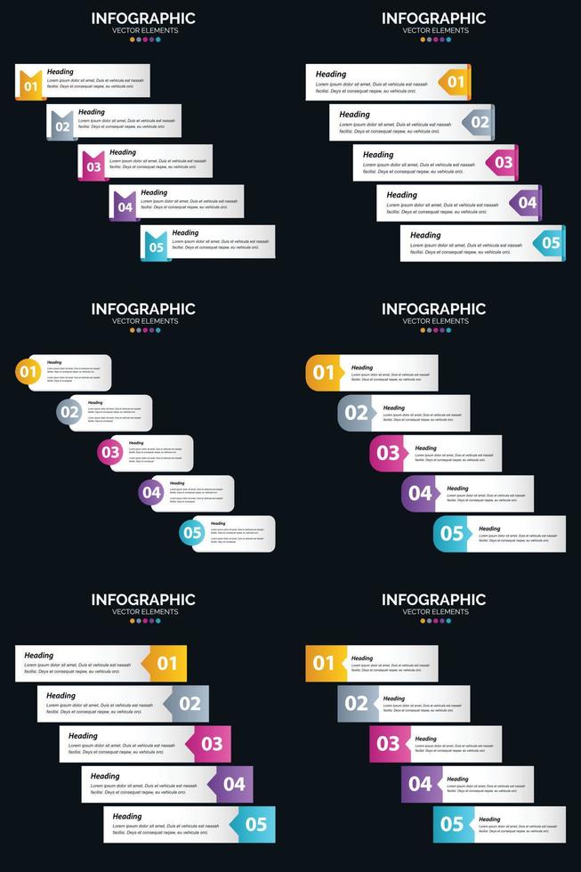 Vektor 6 Infografiken Pack Präsentationsfolie Vorlage 5 Schritte Zyklusdiagramme und Zeitleisten