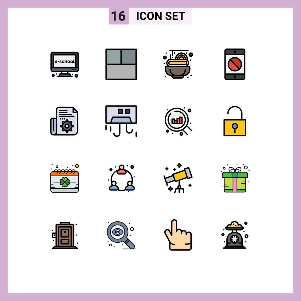 16 thematische Vektor-Flachfarben gefüllte Linien und editierbare Symbole zum Einstellen von Dokumentpasta-Mobilgeräten editierbare kreative Vektordesign-Elemente vektor
