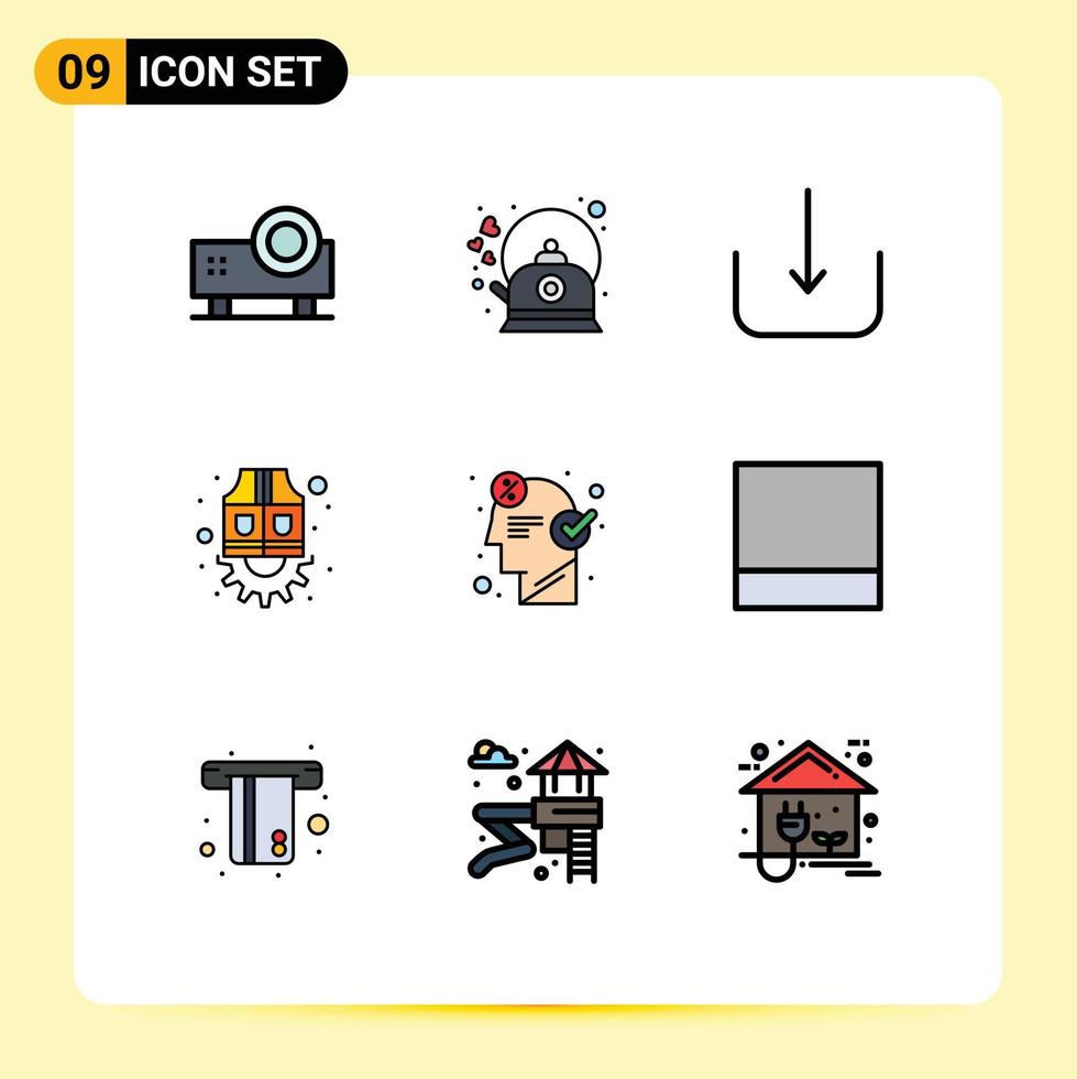 9 tematiska vektor fylld linje platt färger och redigerbar symboler av hjärna arbetskraft vattenkokare arbetskraft ui redigerbar vektor design element