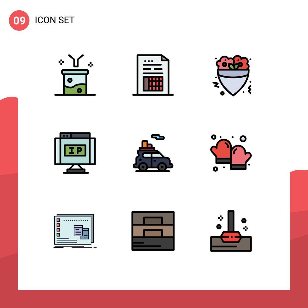 mobil gränssnitt fylld linje platt Färg uppsättning av 9 piktogram av pekare ip fil internet måltid redigerbar vektor design element