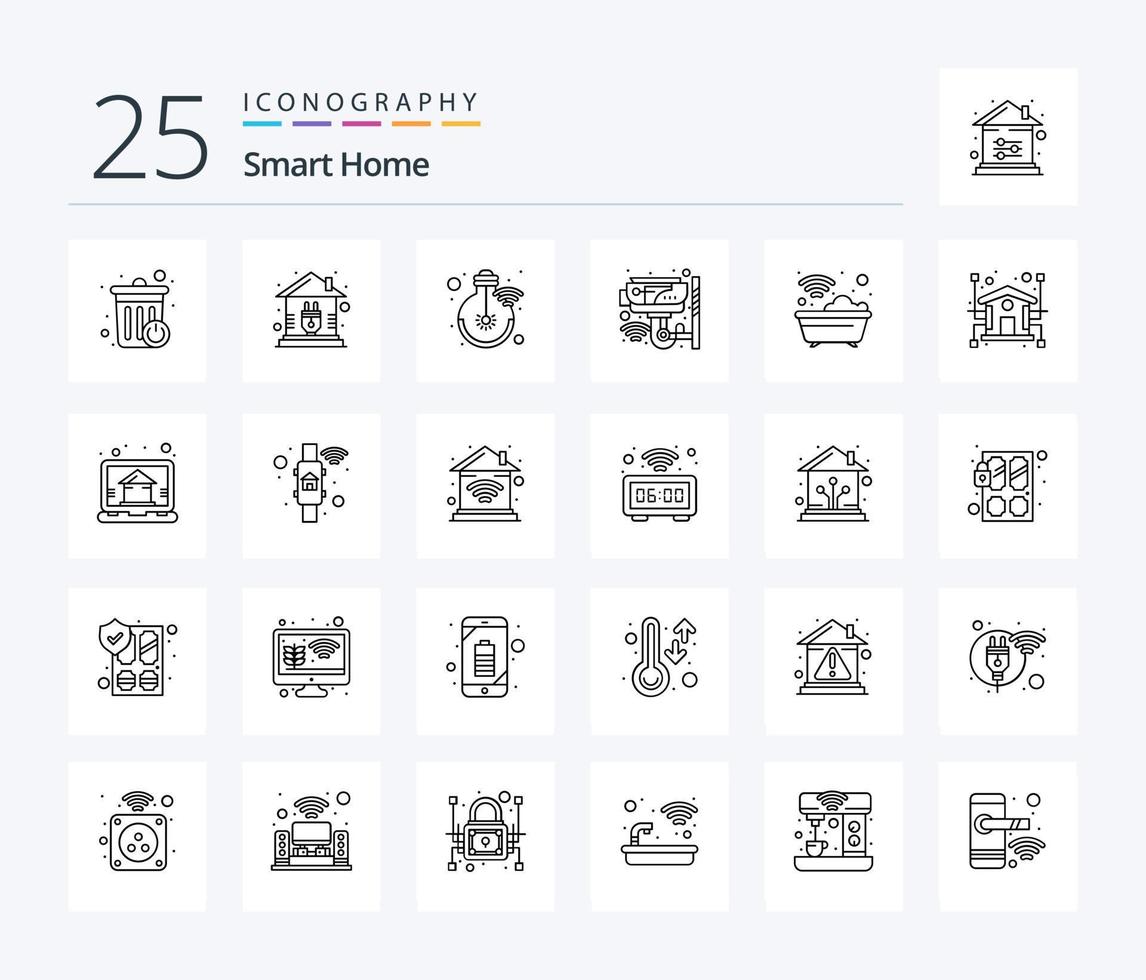 Smart Home 25-Zeilen-Icon-Pack inklusive Bad. schlau. Internet. Sicherheit. Videoüberwachung vektor