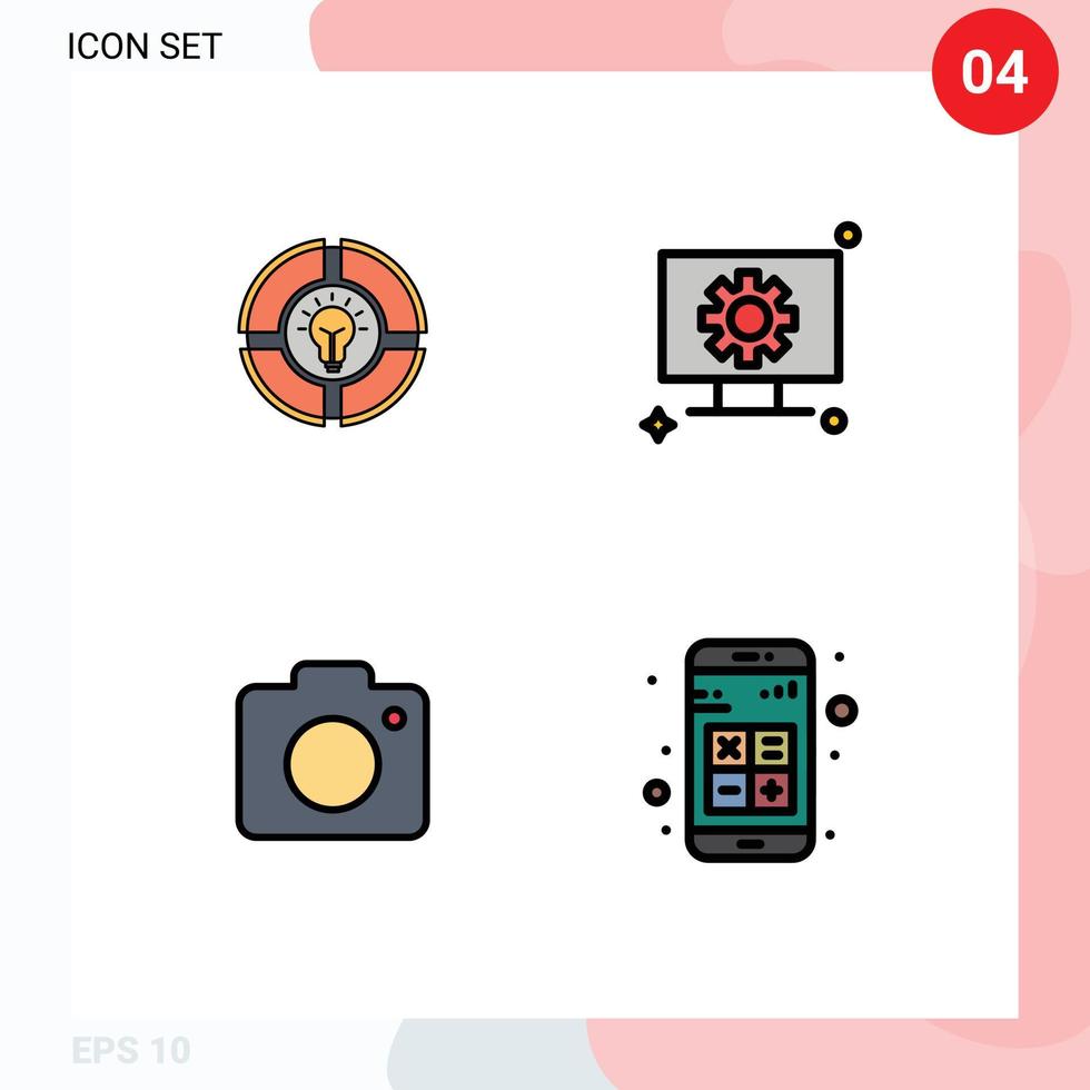 4 gefülltes flaches Farbkonzept für Websites, Handys und Apps, Glühbirne, Kamera, Licht, Hardware, fotobearbeitbare Vektordesign-Elemente vektor
