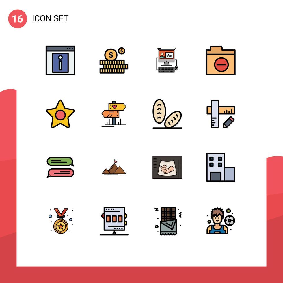 16 universelle, flache, farbgefüllte Linien für Web- und mobile Anwendungen, Medienfehler, Computerdetailordner, editierbare kreative Vektordesignelemente vektor