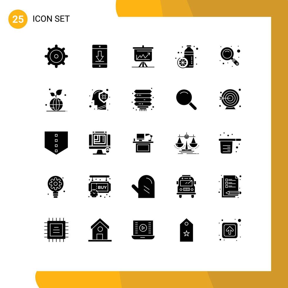 redigerbar vektor linje packa av 25 enkel fast glyfer av förstoringsglas juice Diagram friska flaska redigerbar vektor design element