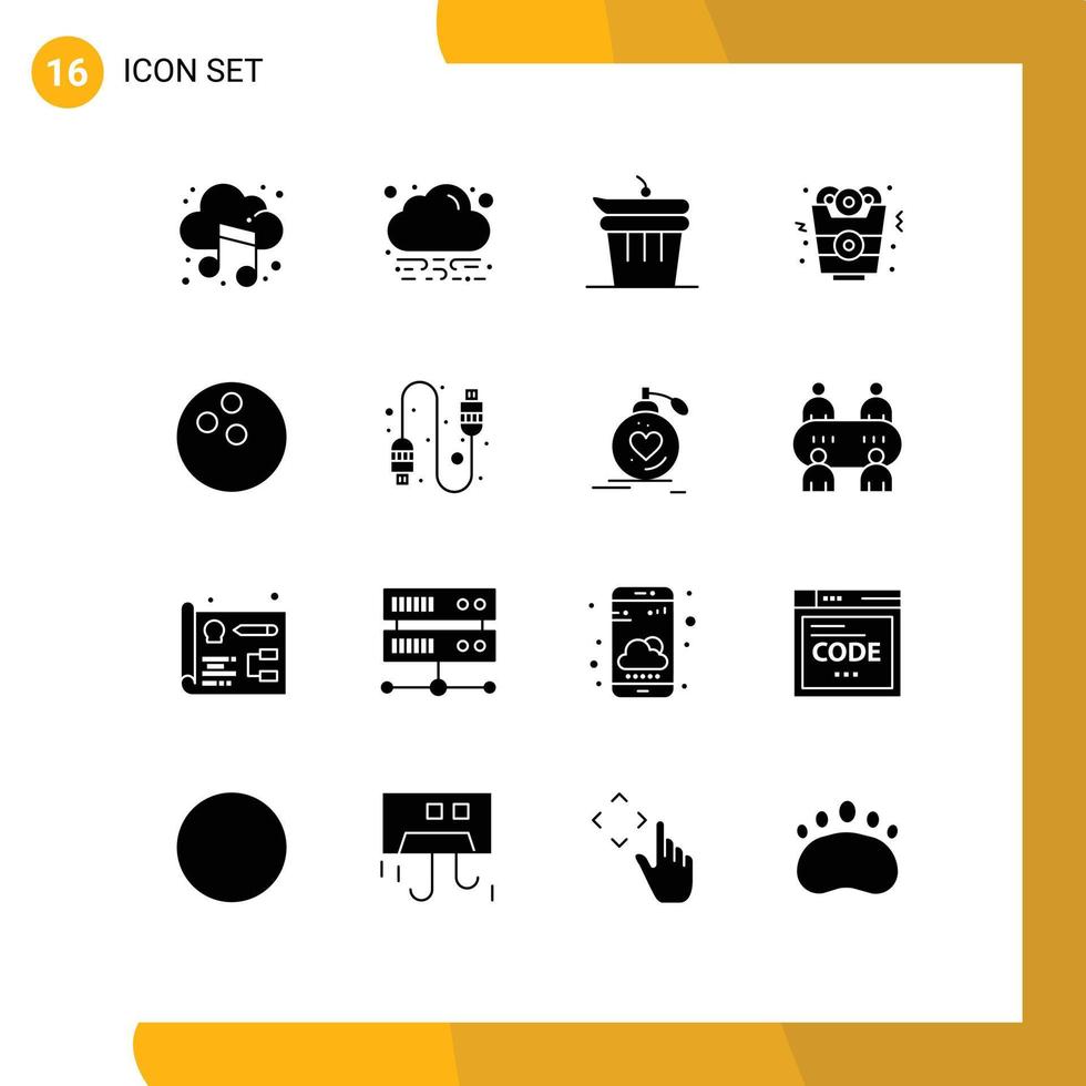 universelle Symbolsymbole Gruppe von 16 modernen soliden Glyphen von Kabelbowling getan Ball Fast Food editierbare Vektordesign-Elemente vektor